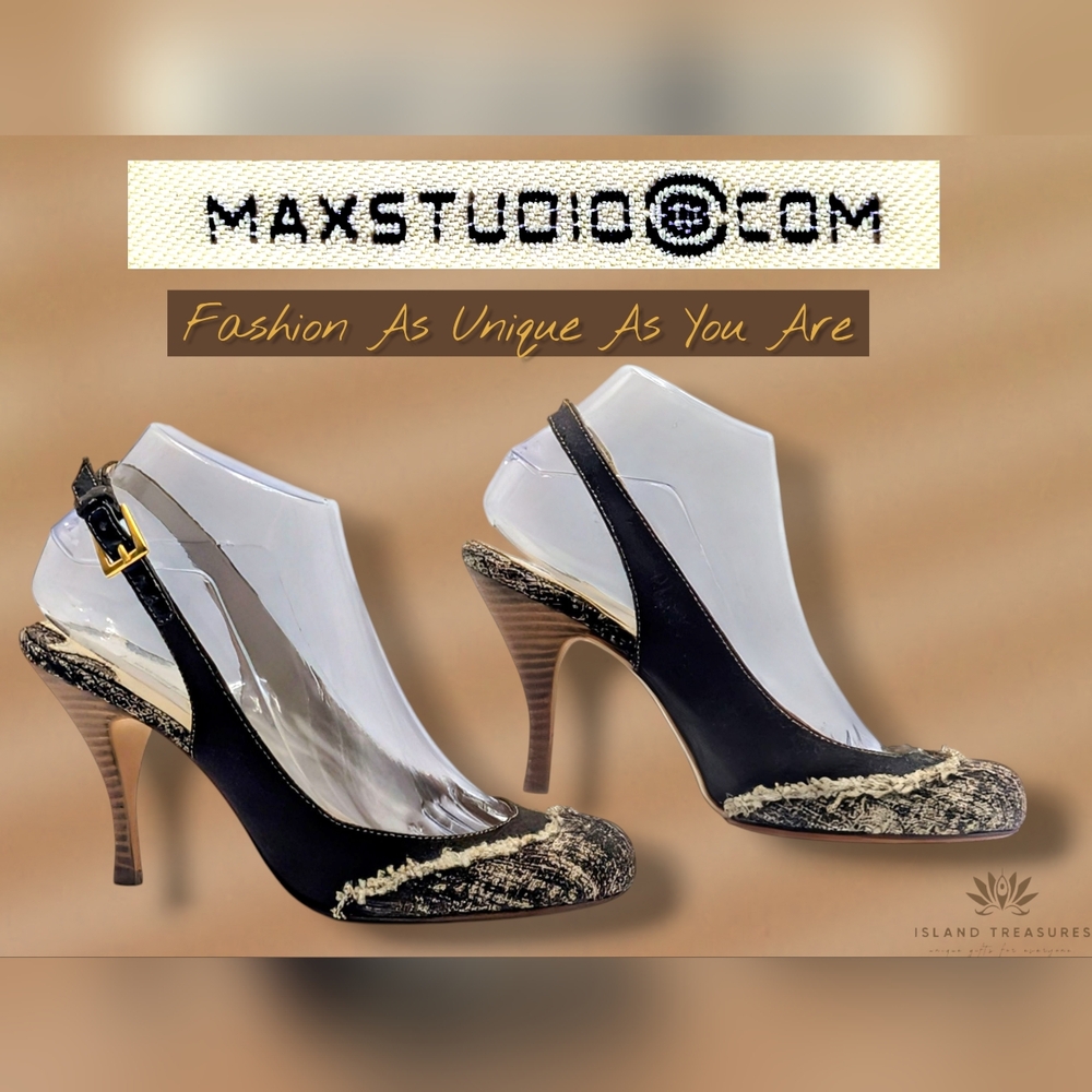 Max Studio Debby Women Sz 8M Brown Fabric Raw Edge Closed Toe Open Heel Stilleto